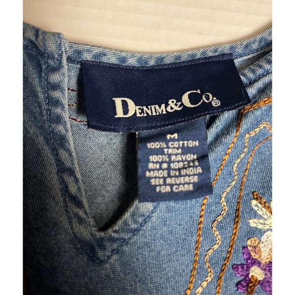 VTG Denim & Co M Boho Fringed Denim poncho With Embroidery Floral cape - Picture 3 of 9